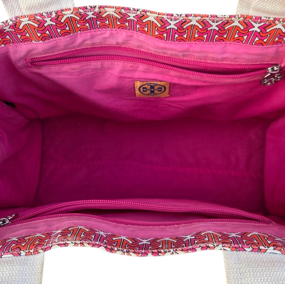 Tory Burch - Large Ella Printed Tote Bag Pink Orange Logo Nylon Patent Trim - Picture 6 of 15